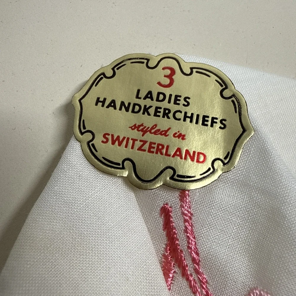 VNTG Floral Embroidered 3 Ladies Handkerchief Switzerland Cotton Cocktail Size